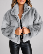 Women's Cropped Faux Fur Jacket with Stand Collar and Zip Front
