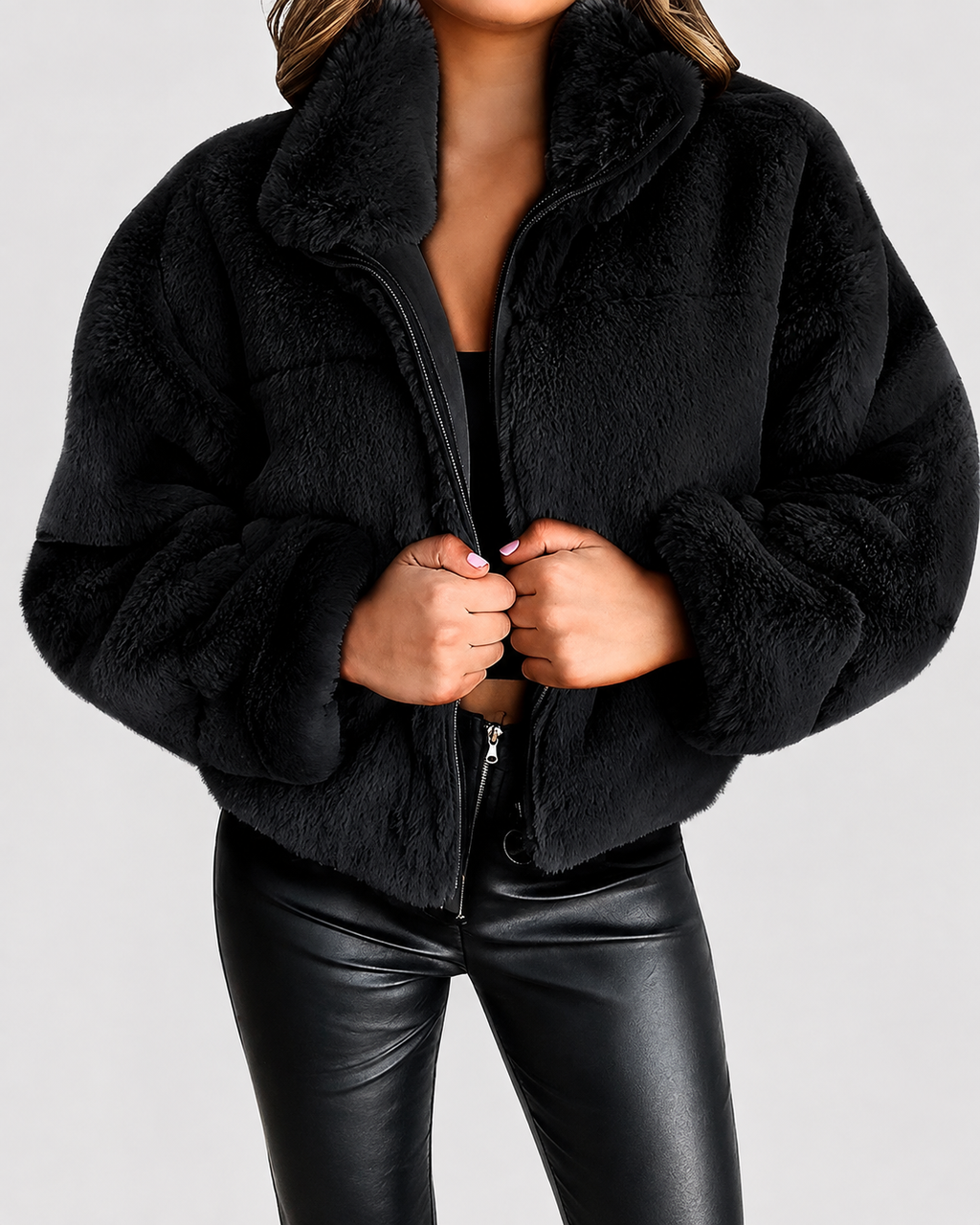 Women's Cropped Faux Fur Jacket with Stand Collar and Zip Front