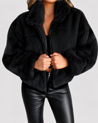 Women's Cropped Faux Fur Jacket with Stand Collar and Zip Front
