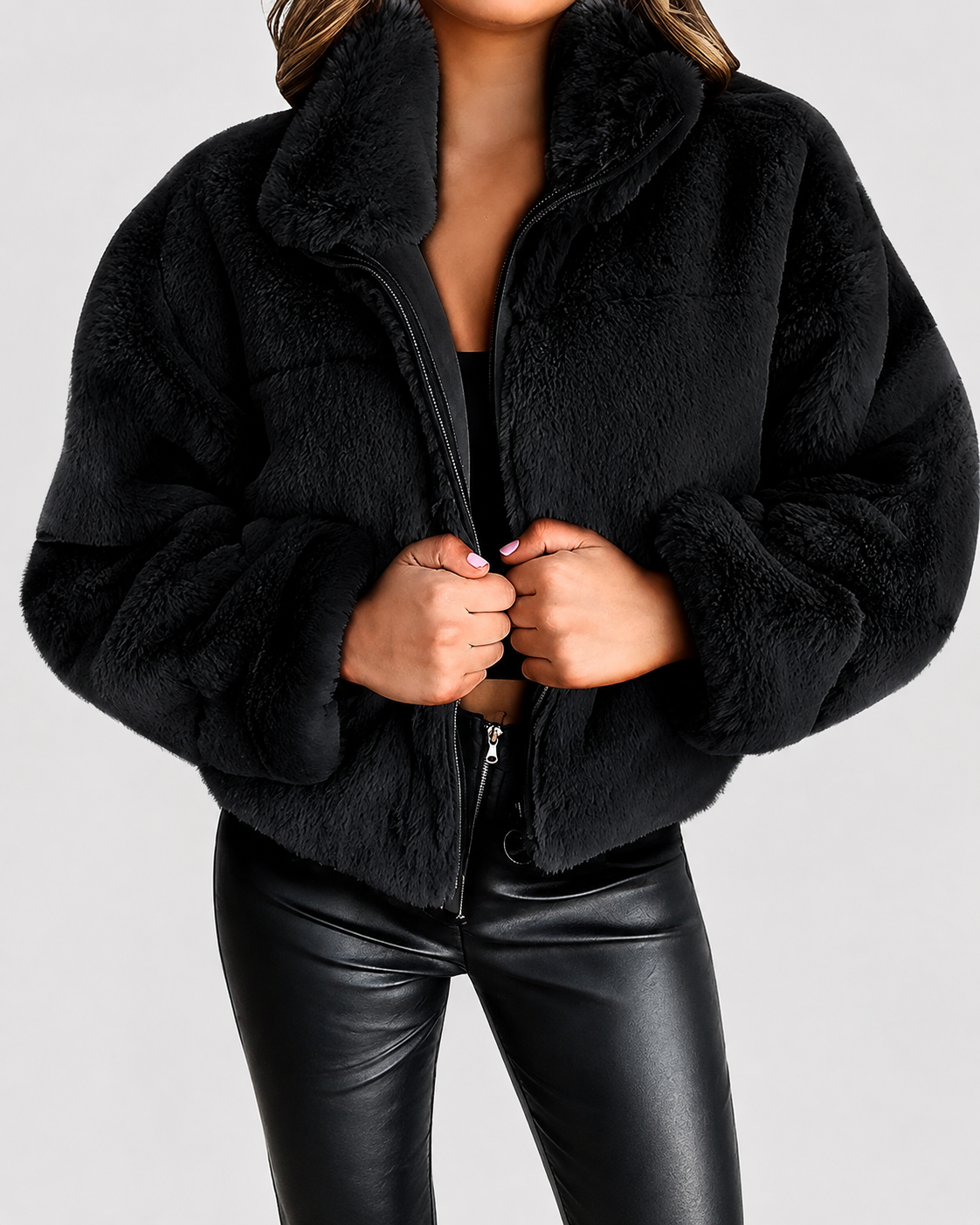 Women's Cropped Faux Fur Jacket with Stand Collar and Zip Front