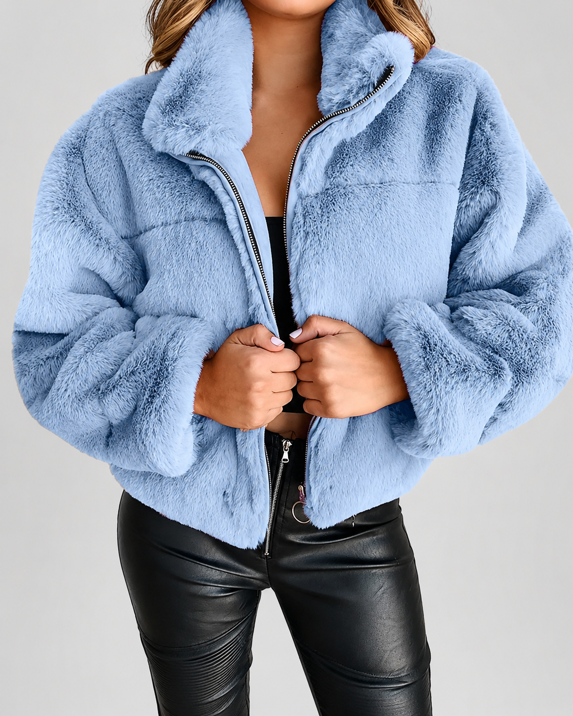 Women's Cropped Faux Fur Jacket with Stand Collar and Zip Front