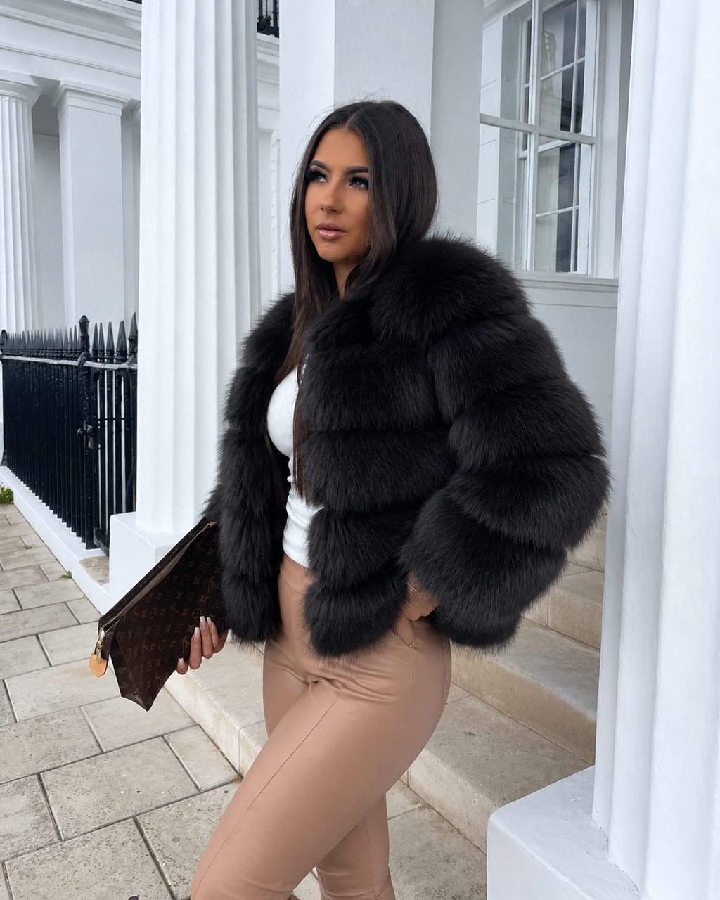 Women's Cropped Faux Fur Jacket with Tiered Panels and Collarless Neckline