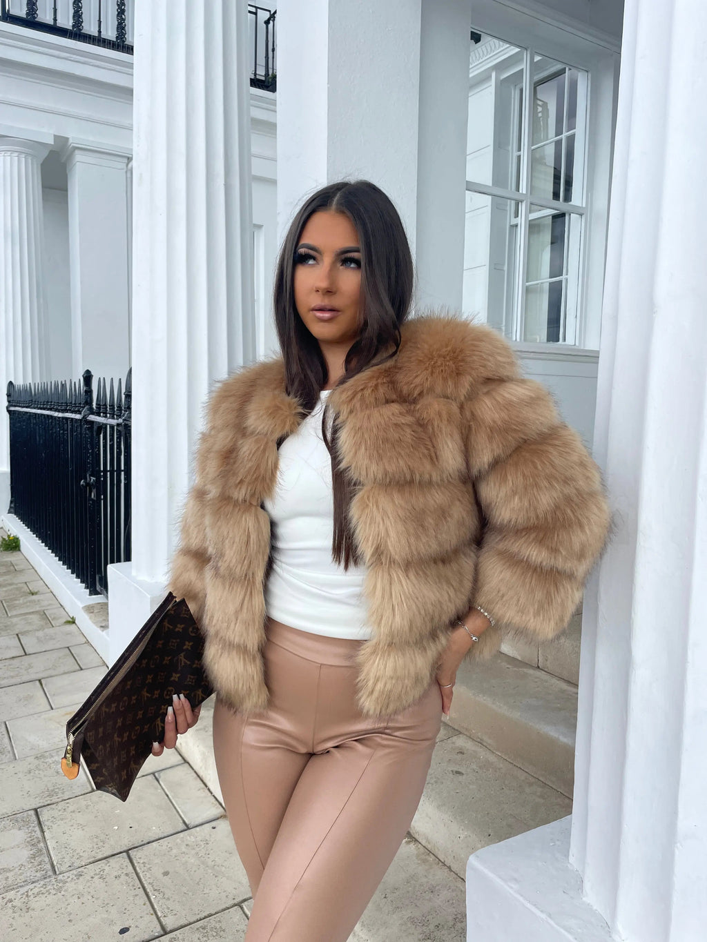 Women's Cropped Faux Fur Jacket with Tiered Panels and Collarless Neckline