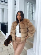Women's Cropped Faux Fur Jacket with Tiered Panels and Collarless Neckline