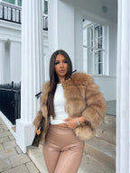 Women's Cropped Faux Fur Jacket with Tiered Panels and Collarless Neckline