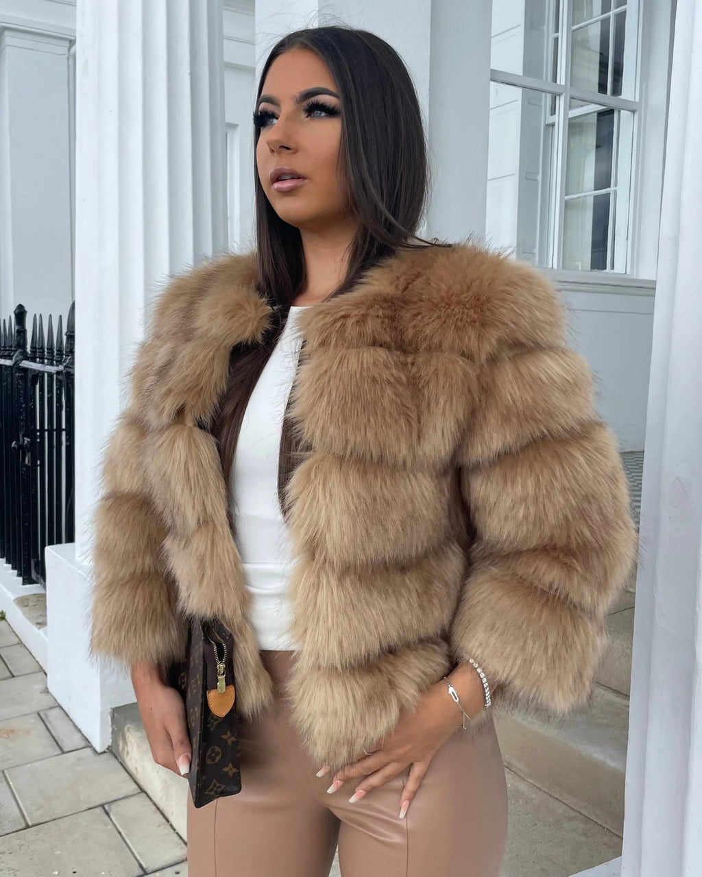 Women's Cropped Faux Fur Jacket with Tiered Panels and Collarless Neckline