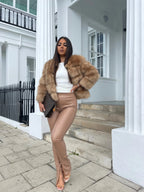 Women's Cropped Faux Fur Jacket with Tiered Panels and Collarless Neckline