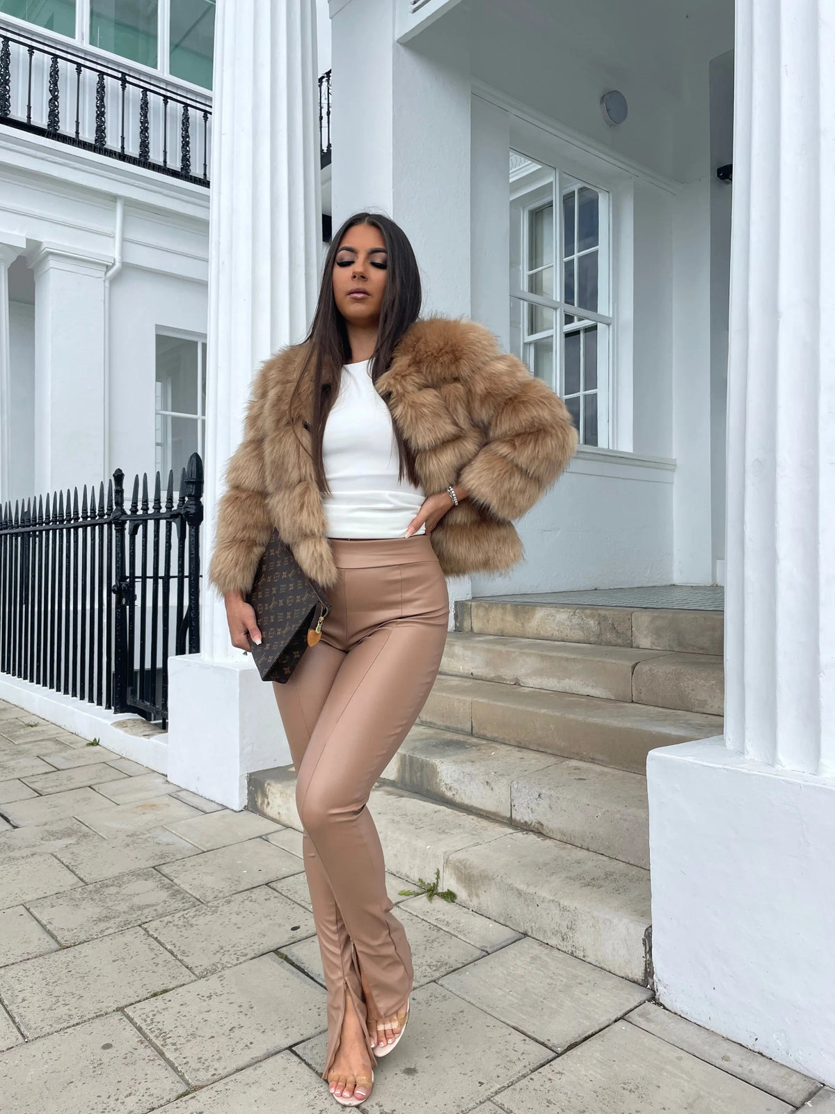 Women's Cropped Faux Fur Jacket with Tiered Panels and Collarless Neckline