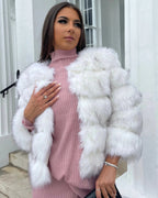 Women's Cropped Faux Fur Jacket with Tiered Panels and Collarless Neckline