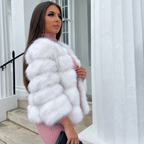Women's Cropped Faux Fur Jacket with Tiered Panels and Collarless Neckline