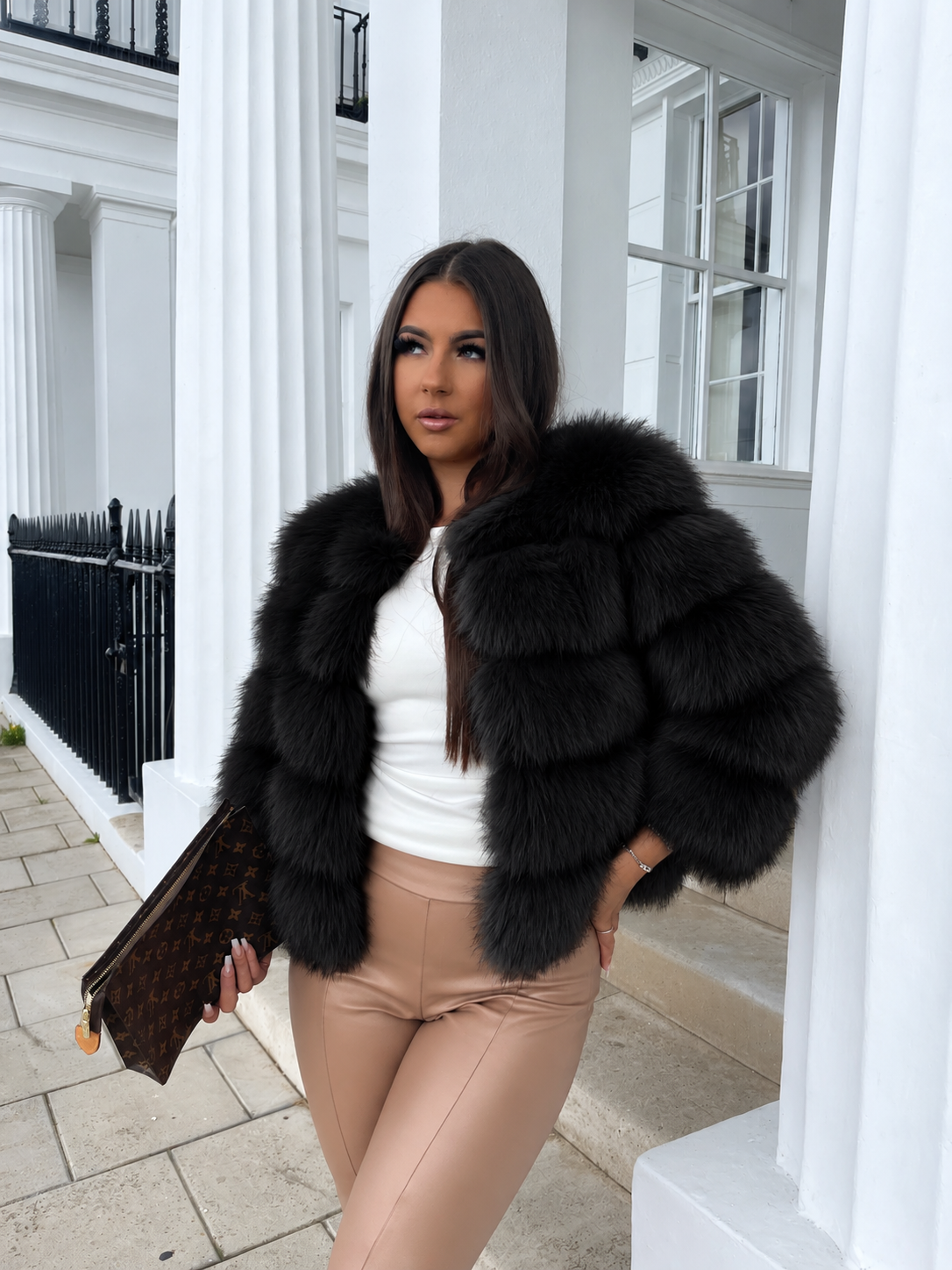 Women's Cropped Faux Fur Jacket with Tiered Panels and Collarless Neckline