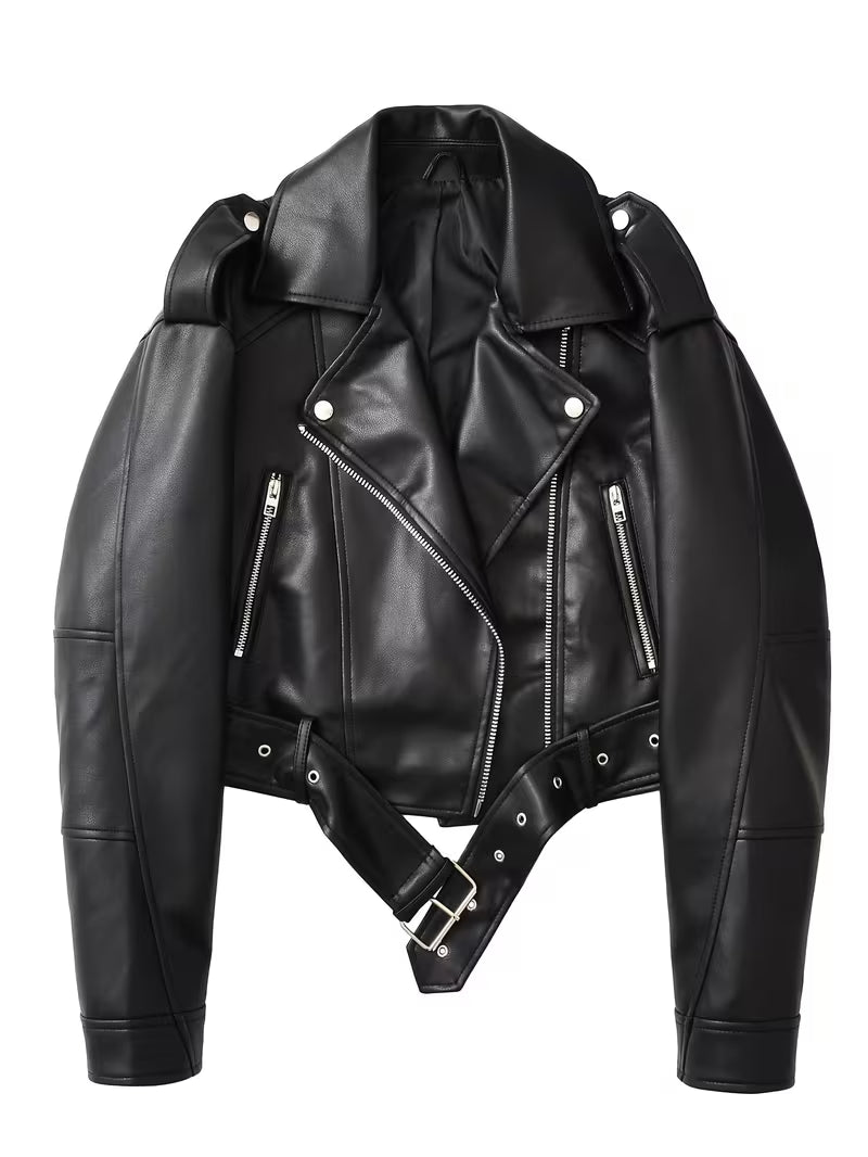 Women's Cropped Faux Leather Biker Jacket with Belted Hem and Zip Front