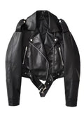 Women's Cropped Faux Leather Biker Jacket with Belted Hem and Zip Front