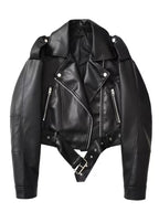 Women's Cropped Faux Leather Biker Jacket with Belted Hem and Zip Front