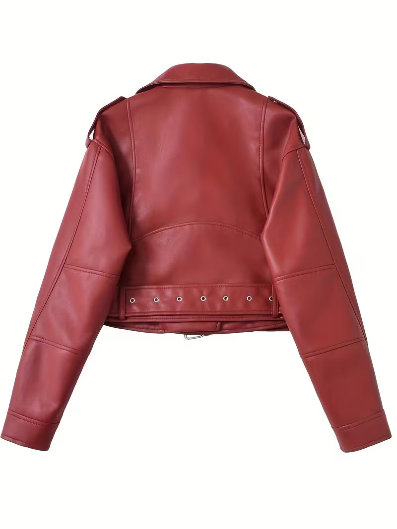 Women's Cropped Faux Leather Biker Jacket with Belted Hem and Zip Front