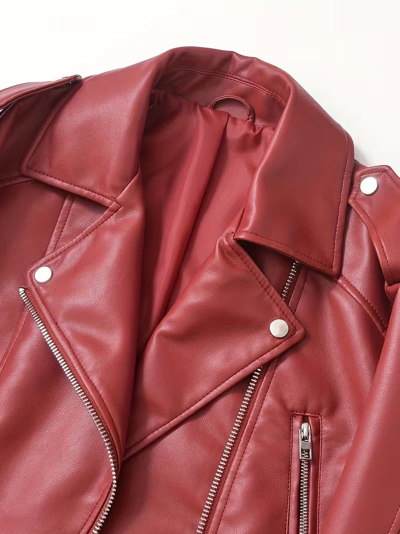 Women's Faux Leather Biker Jacket with Belted Hem and Zip Front