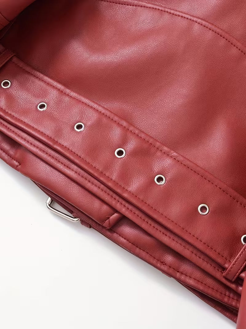 Women's Faux Leather Biker Jacket with Belted Hem and Zip Front