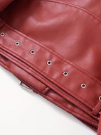 Women's Faux Leather Biker Jacket with Belted Hem and Zip Front