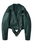 Women's Cropped Faux Leather Biker Jacket with Belted Hem and Zip Front