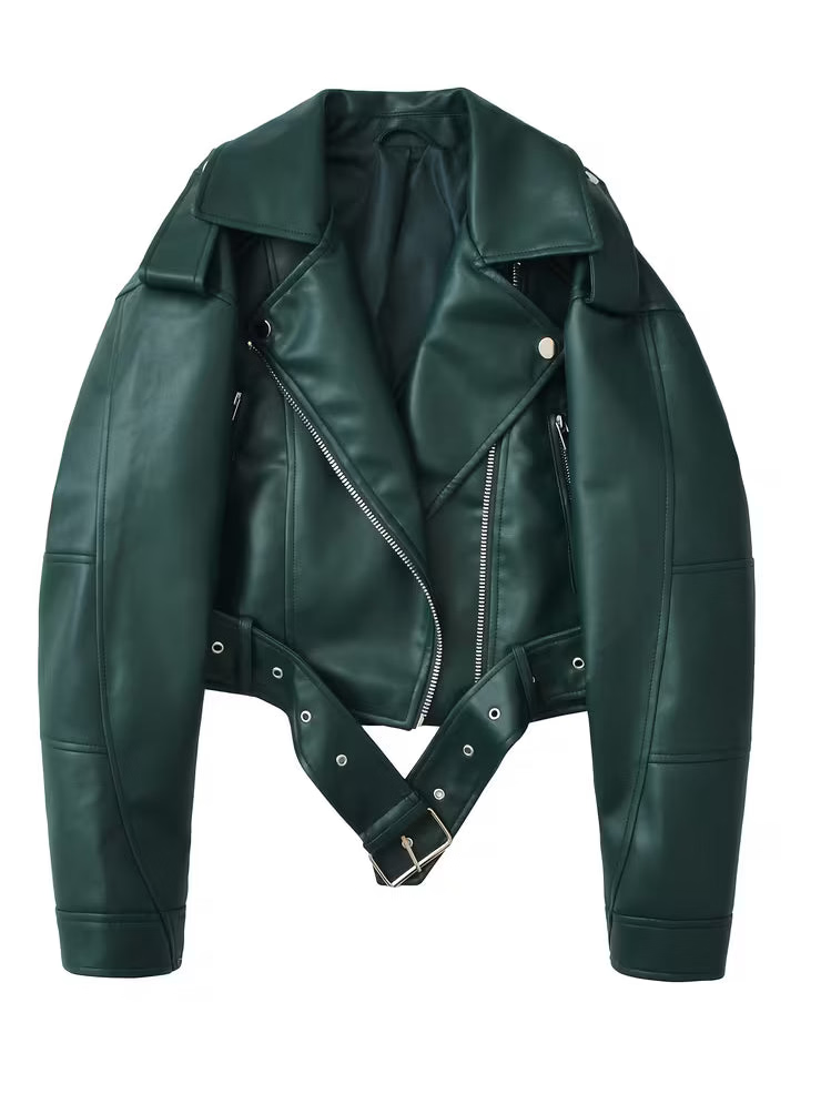 Women's Cropped Faux Leather Biker Jacket with Belted Hem and Zip Front