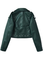 Women's Cropped Faux Leather Biker Jacket with Belted Hem and Zip Front