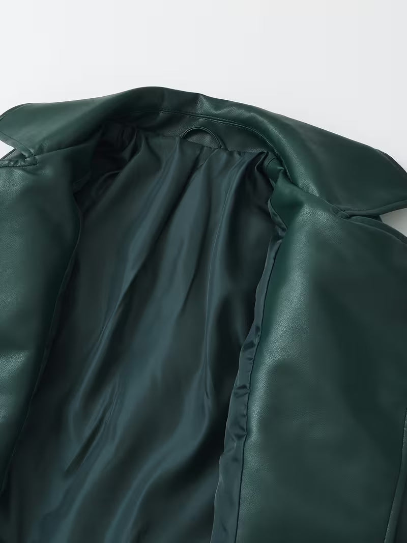 Women's Faux Leather Biker Jacket with Belted Hem and Zip Front