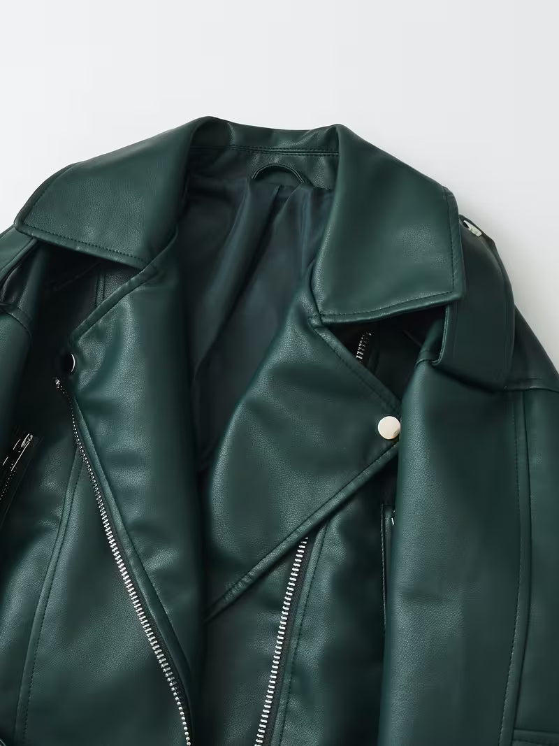 Women's Faux Leather Biker Jacket with Belted Hem and Zip Front
