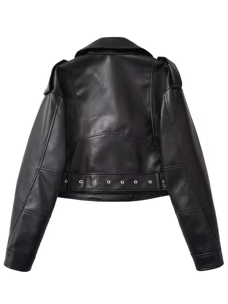 Women's Cropped Faux Leather Biker Jacket with Belted Hem and Zip Front