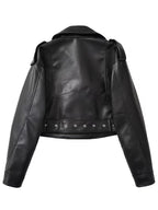 Women's Cropped Faux Leather Biker Jacket with Belted Hem and Zip Front
