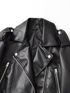 Women's Faux Leather Biker Jacket with Belted Hem and Zip Front