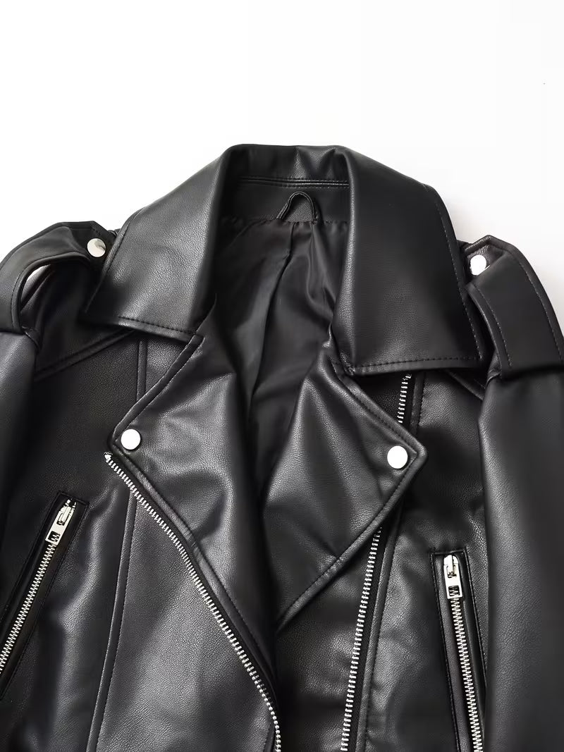Women's Faux Leather Biker Jacket with Belted Hem and Zip Front