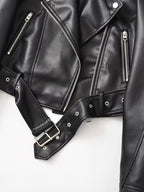 Women's Faux Leather Biker Jacket with Belted Hem and Zip Front
