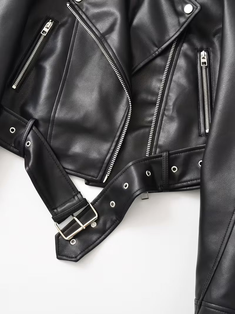 Women's Faux Leather Biker Jacket with Belted Hem and Zip Front