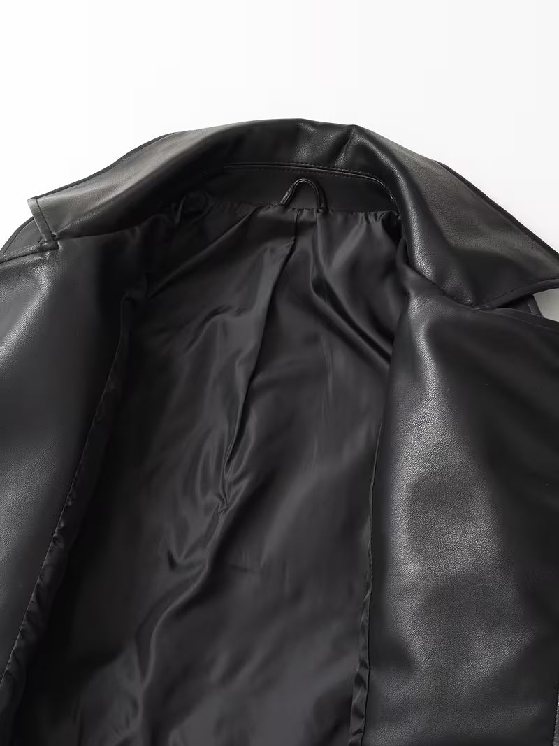 Women's Faux Leather Biker Jacket with Belted Hem and Zip Front