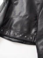 Women's Faux Leather Biker Jacket with Belted Hem and Zip Front