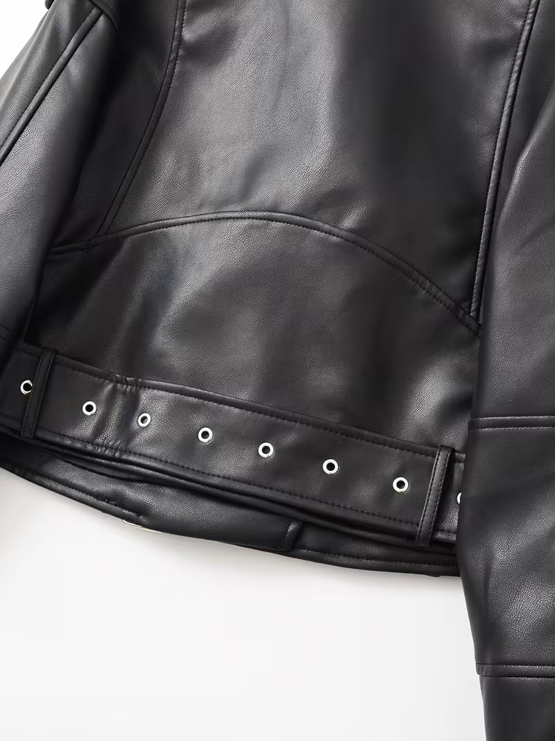 Women's Faux Leather Biker Jacket with Belted Hem and Zip Front