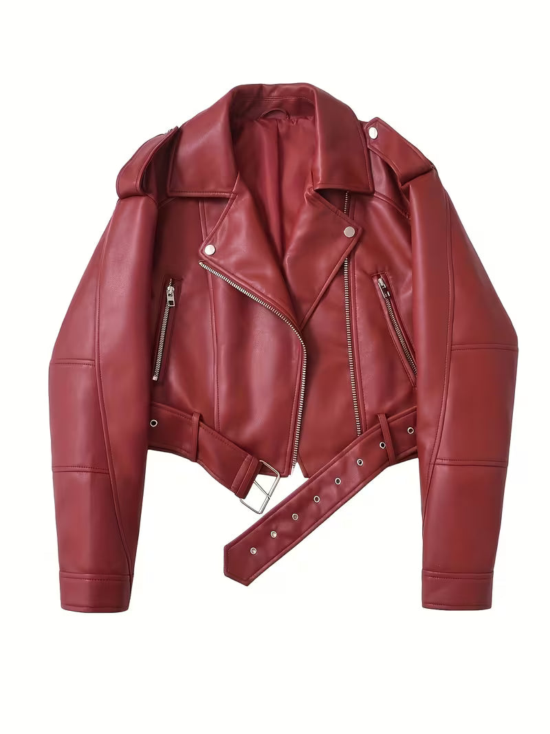 Women's Cropped Faux Leather Biker Jacket with Belted Hem and Zip Front
