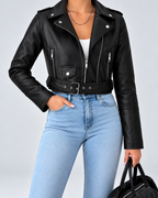 Black cropped moto jacket with asymmetric zip front