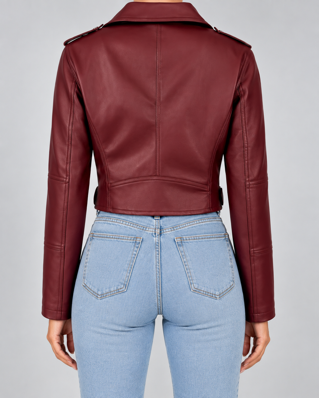 Burgundy cropped faux leather moto jacket back
