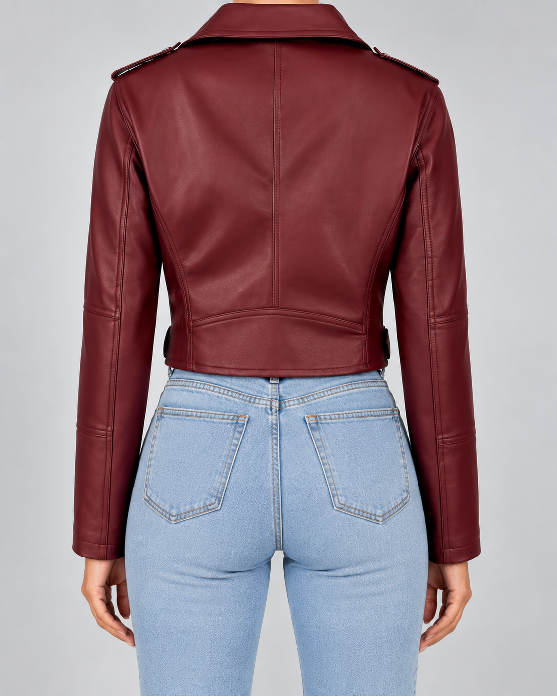 Burgundy cropped faux leather moto jacket back