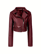 Burgundy cropped moto jacket product shot