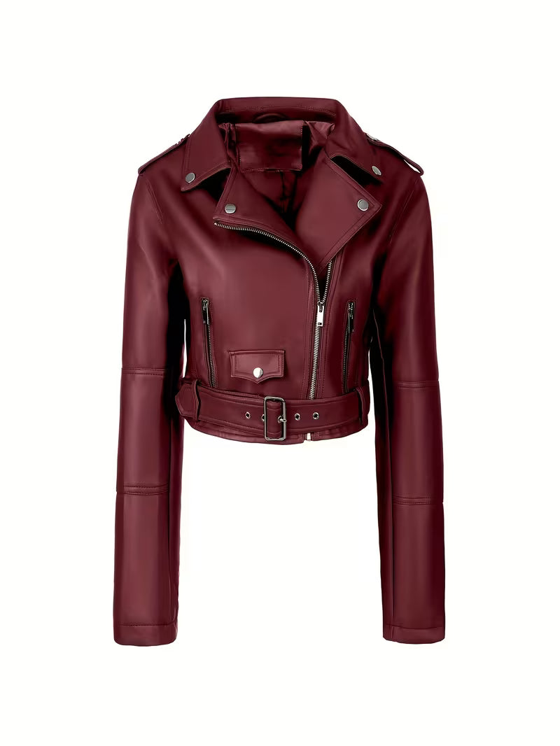 Burgundy cropped moto jacket product shot