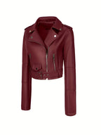 Burgundy cropped moto jacket open front