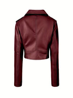 Burgundy cropped moto jacket back view