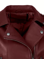 Burgundy cropped moto jacket collar detail