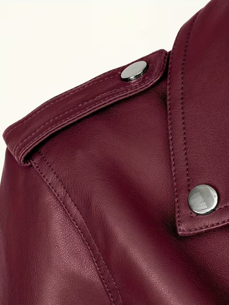 Burgundy cropped moto jacket shoulder detail