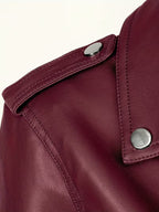 Burgundy cropped moto jacket shoulder detail