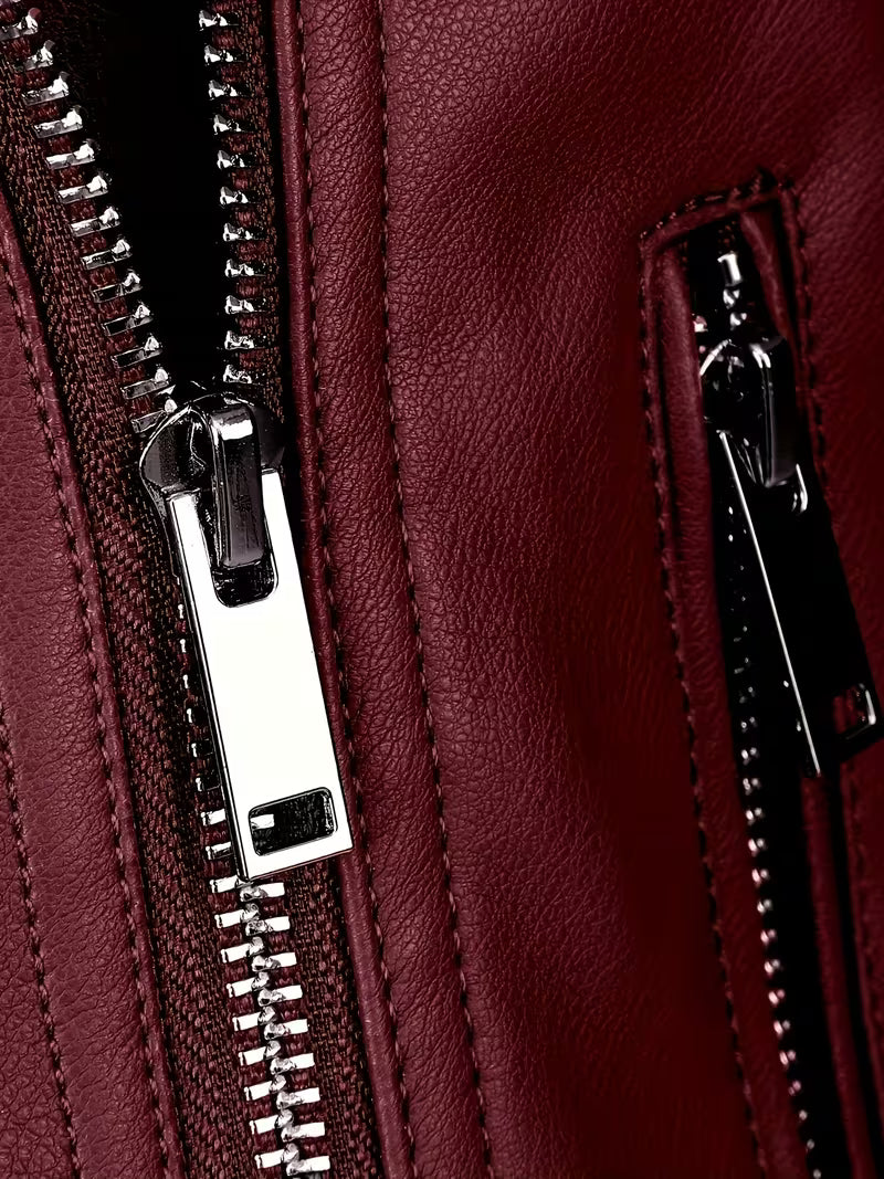 Burgundy cropped moto jacket zip pocket detail