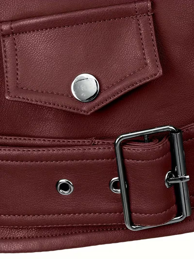 Burgundy cropped moto jacket buckle belt detail