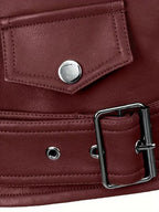 Burgundy cropped moto jacket buckle belt detail